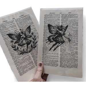Fairy Dictionary Art Prints Vintage Upcycled Book Page Decor Whimsical Set of 2